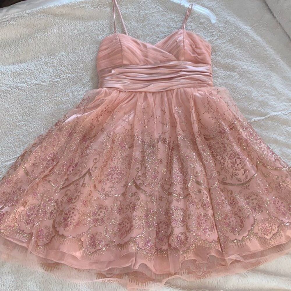 Morgan & Co Pink Gold Glitter Tulle Party Mini Dress Juniors Size 1/2 EUC